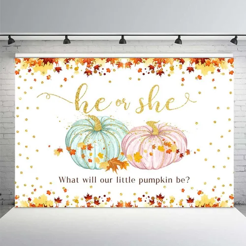 Miniatura 2 de MEHOFOND Fondo de calabaza para revelación de género de calabaza de 7 x 5 pies, suministros de decoración de fiesta de baby shower, hojas de arce