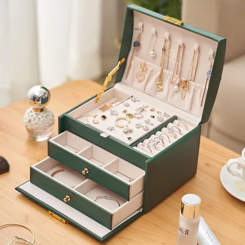 Miniatura 3 de Volance Joyero organizador para mujeres y niñas, 3 capas de piel sintética de tamaño mediano con cerradura y bandeja extraíble, para collares