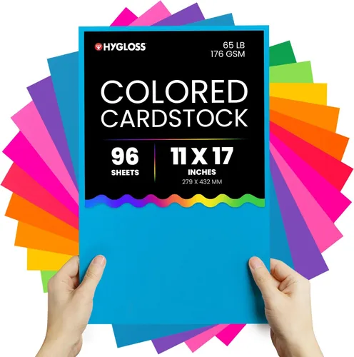 Hygloss Cartulina de Colores Brillantes - 11x17 Pulgadas, 12 Colores Surtidos, 96 Hojas, 65 Libras/ 176 Gsm, Resistente a la Decoloración, Papel de