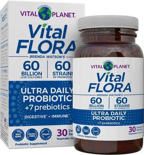 Vital Planet - Probiótico Vital Flora Ultra Daily 60 mil millones de UFC, diversas cepas, prebióticos orgánicos, apoyo inmunológico, alivio de la