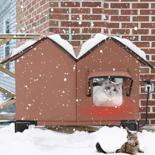 Miniatura 8 de Casa grande para gatos con calefacción para exteriores en invierno, casa elevada impermeable para gatos al aire libre con almohadilla térmica, casa