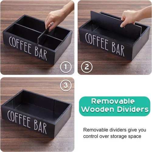 Miniatura 6 de Organizador de estación de café ALELION - Organizador de accesorios de encimera de madera con divisores removibles para cápsulas, condimentos