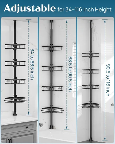 Miniatura 2 de SEIRIONE Estante de Ducha Esquinero con Barra de Tensión, Organizador de Ducha de Baño a Prueba de Óxido, Estante de Baño Ajustable de 4 Niveles