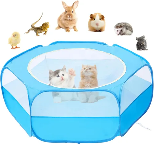 Corralito de animales pequeños con cubierta, recinto portátil emergente para mascotas para conejos, cobayas, hámsters, chinchillas, hurones y Azul