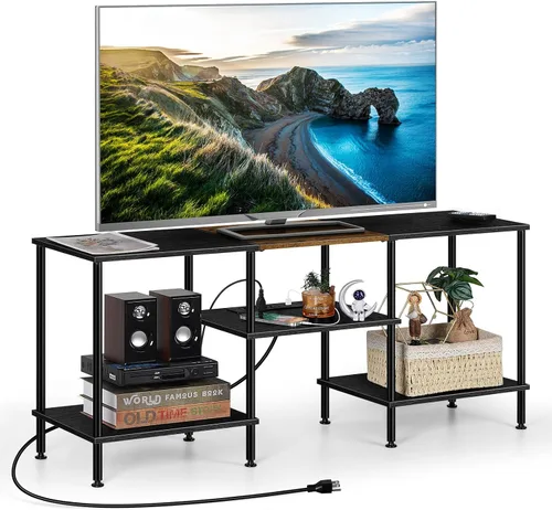 Miniatura 6 de OYEAL Soporte de TV Negro para Dormitorio con Tomas de Corriente para TV de hasta 50 Pulgadas, Pequeño Centro de Entretenimiento con Almacenamiento