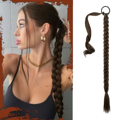 Miniatura 44 de Sofeiyan Extensión de cola de caballo de trenza larga con banda para el cabello, lacio, elegante, envolvente, extensiones de cabello trenzado, cola