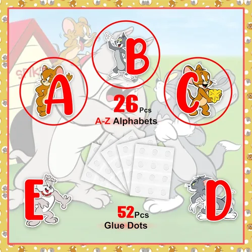 Miniatura 4 de Tom & Jery - Adhesivo decorativo para pared del alfabeto (A–Z), divertido alfabeto de dibujos animados para espacios de aprendizaje, calcomanías