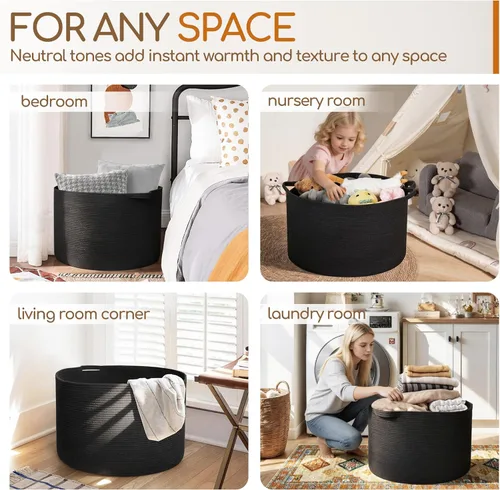 Miniatura 8 de MEGASKET Cesta grande de manta negra, 22 x 22 x 14 pulgadas, contenedor de cuerda tejida para almacenamiento, caja de almacenamiento de juguetes