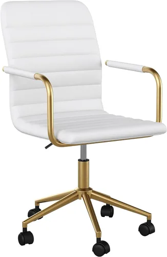Miniatura 14 de Martha Stewart Taytum - Silla giratoria de escritorio con reposabrazos para oficina en casa, en cuero sintético negro con marco de latón pulido
