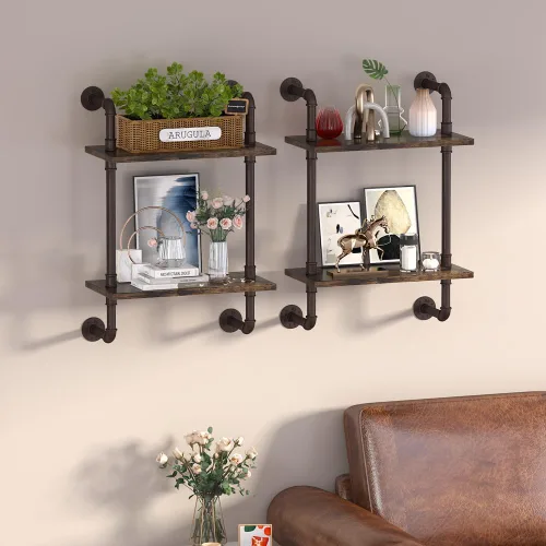 Miniatura 5 de Helsin - Estantes flotantes de tubería industrial de 2 niveles para baño, estante de madera rústica de 16 pulgadas montado en la pared, estante