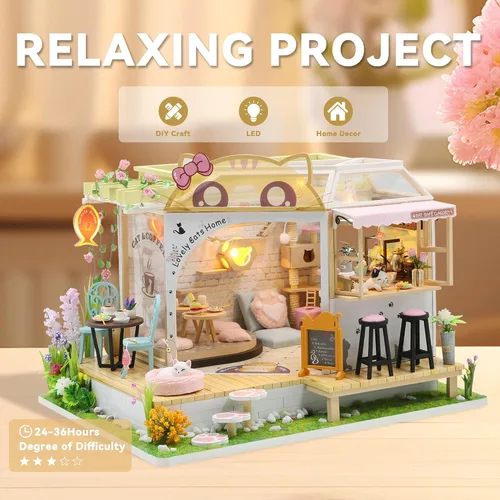 Miniatura 7 de Flever Kit de casa de muñecas en miniatura para bricolaje, habitación creativa con muebles para regalo romántico de San Valentín (Cat Cafe Garden)