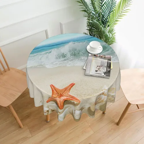 Miniatura 2 de Sweetshow Mantel redondo de playa de verano de 60 pulgadas, impermeable, de poliéster, lavable, diseño circular de arena con estrellas de mar y olas