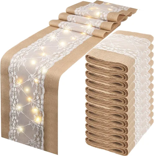 Miniatura 8 de Xinnun 6 piezas de camino de mesa de arpillera con luces de 12 x 108 pulgadas, camino de mesa de encaje de arpillera, decoración rústica de boda