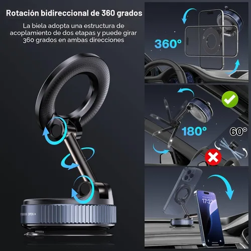 Miniatura 6 de Jikasho Soporte magnético para teléfono con succión al vacío, plegable y retráctil, soporte de teléfono con ventosa manos libres
