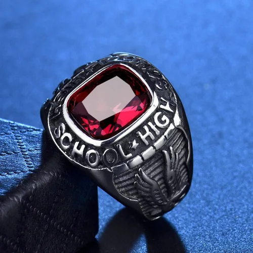 Miniatura 3 de Retro Eagle Red Ruby Color Crystal Anillos de escuela secundaria de acero inoxidable para hombres tono plateado tamaño 8-15