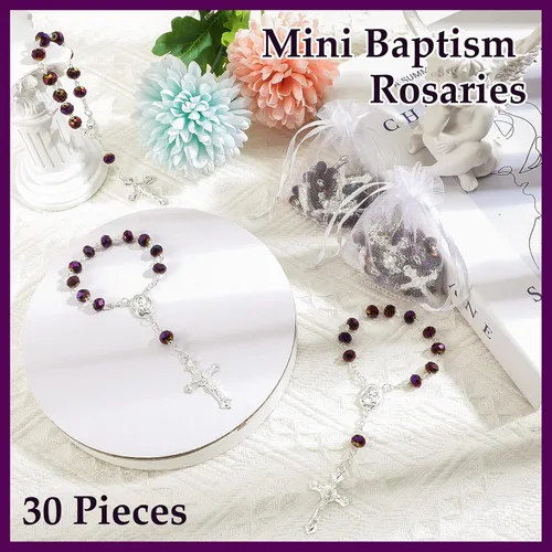 Miniatura 4 de Yinkin 30 piezas de rosario de bautizo, mini rosarios católicos, recuerdos de bautizo para invitados, recuerdos de fiesta, cuentas de rosario 30