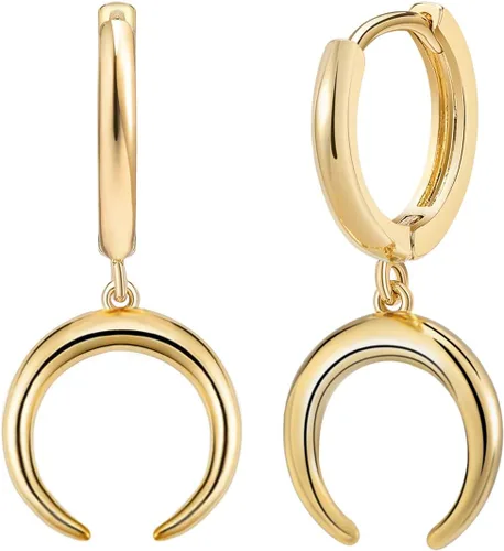SANNYRA Aretes de aro para mujer, chapados en oro de 14 quilates, circonita cúbica, luna, estrella, rayo, mal de ojo, aretes colgantes para mujer