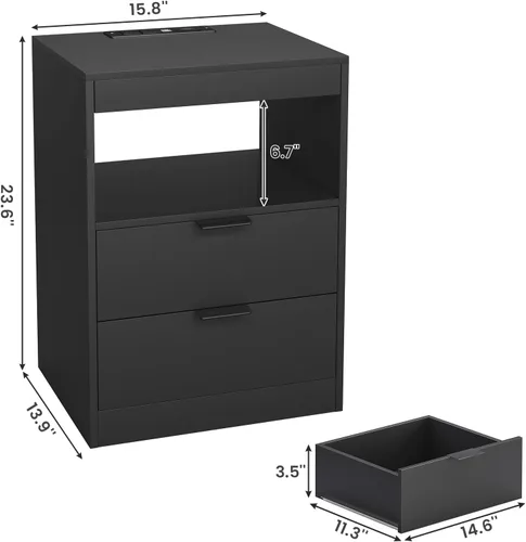 Miniatura 2 de ADORNEVE Mesita de noche LED negra con estación de carga inalámbrica, 2 cajones, moderna mesa auxiliar de dormitorio con luces LED, mesa de noche