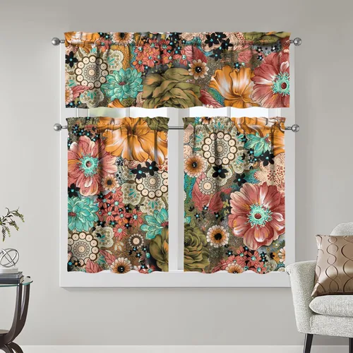 Juegos de cortinas bohemias de cocina para ventanas, cortina bohemia con flores, cenefa para ventana de fregadero, juego de 3 piezas, decoración