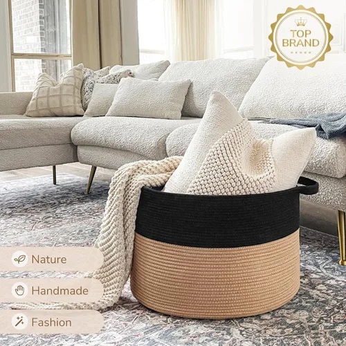 Miniatura 7 de INDRESSME Cesta de Cuerda de Algodón XXXLarge Tejida para Bebé Cesta de Ropa Sucia Cestas de Mantas Cestas de Juguetes con Asa Edredones Cojines