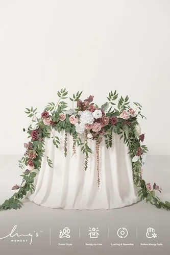 Miniatura 4 de Ling's moment Guirnalda de eucalipto y hojas de sauce de 9 pies con flor blanca, artesanal, centros de mesa para mesa de novios, decoración de mesa