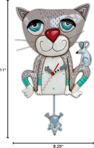 Miniatura 2 de Allen Designs Mouser The Cat - Reloj de pared con batería de péndulo de gatito gris