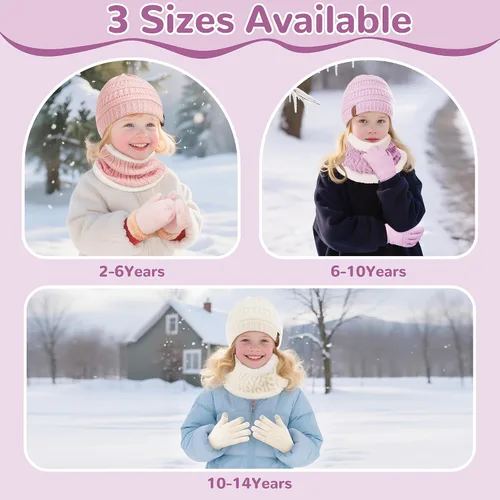 Miniatura 2 de Juego de 3 piezas de gorro de invierno para niños, bufanda y guantes para niños de 2-6-10-14 años, conjuntos de punto grueso y cálido con forro