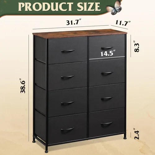 Miniatura 3 de WLIVE Cómoda alta de tela con 8 cajones, torre de almacenamiento con cubos de tela, cómodas dobles, cajonera para armario, dormitorio, sala de Negro