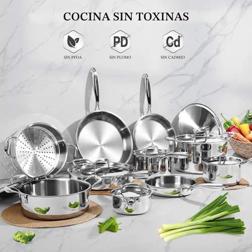Miniatura 2 de EWFEN Juego de utensilios de cocina de acero inoxidable, juego de ollas y sartenes de 17 piezas de 3 capas de acero inoxidable, seguro para horno