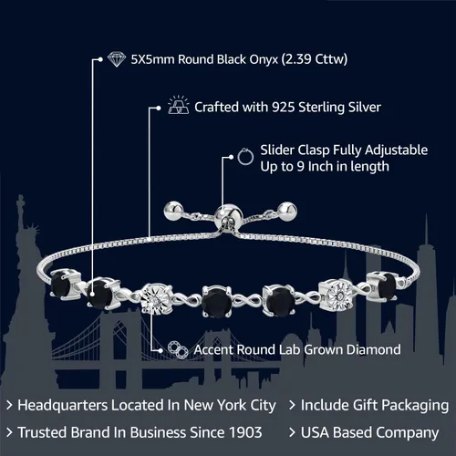Miniatura 2 de Gem Stone King Pulsera de plata de ley 925 redonda de ónix negro y diamantes blancos cultivados en laboratorio para mujer