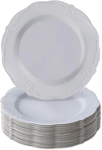 Miniatura 11 de Juego de vajilla desechable, 20 platos de pastel (vintage, crema, 9 pulgadas)