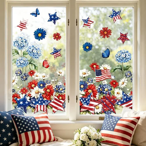 Whaline 6 Sheets Patriotic Window Clings Red Blue Star Hydrangea Window Decals Flower Floral Reusable Glass Decals for 250th Anniversary 4th of July