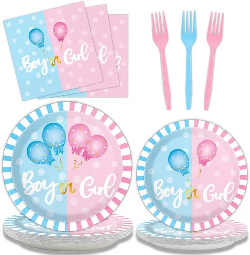 96 piezas de decoración de fiesta de revelación de género para él o ella, juego de vajilla rosa o azul para revelación de género para fiesta, platos