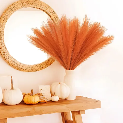 Miniatura 7 de obbsie 50 piezas de decoración de hierba de pampa falsa naranja quemado, 21.6 pulgadas de hierba pomposa artificial corta de otoño, ramas de hierba