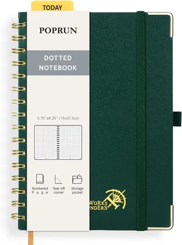 Miniatura 19 de POPRUN - Cuaderno de notas con espiral y puntos, diario A5 de 5.75" x 8.25", papel grueso de 120 gsm, 141 páginas numeradas, tapa dura para hombres