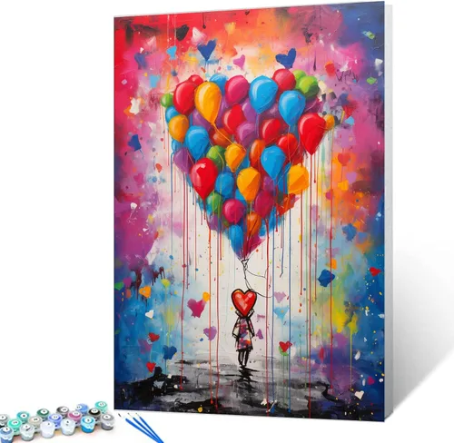 Miniatura 15 de Tucocoo Kits de pintura de globos coloridos por números con pinceles y pigmento acrílico sobre lienzo para adultos, cuadro de calle Banksy Little