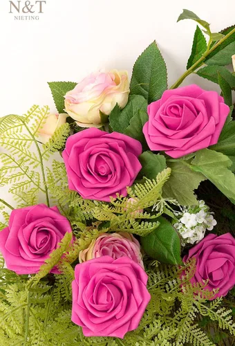 Miniatura 4 de N&T NIETING Flores artificiales, rosas artificiales de color rosa intenso, 50 piezas de flores falsas con tallo para ramos de boda DIY, centros
