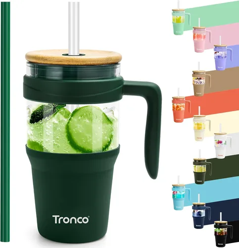 Miniatura 36 de Tronco Vaso de vidrio de 32 onzas con popote y tapa, tapa con popote 2 en 1 a prueba de fugas, botellas de agua de vidrio con asa, apto para Rosa