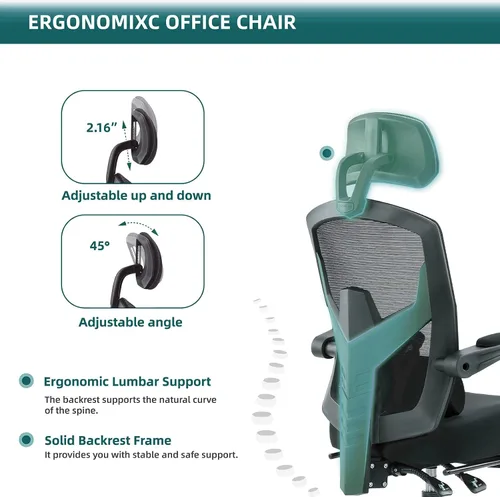 Miniatura 7 de Silla ergonómica de oficina, silla de escritorio de malla con respaldo alto para computadora con soporte lumbar y ruedas, silla giratoria ajustable