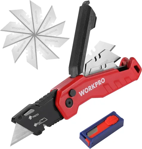 WORKPRO Cuchillo utilitario plegable, cambio rápido de cuchillas, cuchillo de afeitar para cartones, cartón, cajas, almacenamiento de cuchillas en