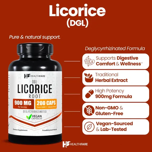 Miniatura 2 de Healthfare Extracto de raíz de regaliz de 900 mg 200 cápsulas veganas DGL Suplemento Fórmula herbaria extra fuerte Sin OMG, sin gluten