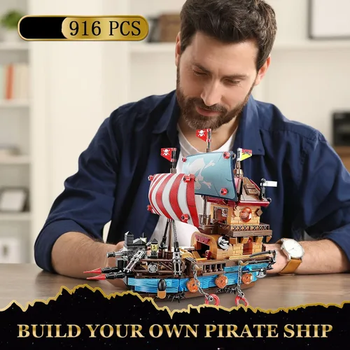Miniatura 7 de Vziimo Juegos de construcción de barcos piratas con luces, modelo creativo de barco, barco pirata, juguetes de construcción para decoración