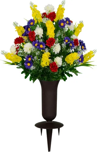 Miniatura 26 de Sympathy Silks Flores artificiales para cementerios – Decoraciones para tumbas - 1 ramo de flores silvestres de violeta púrpura y naranja, 1 montura