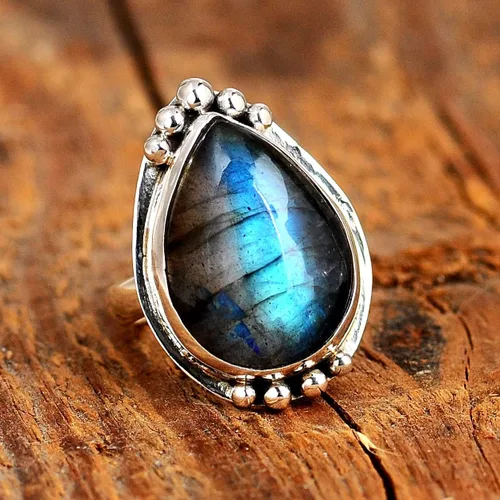 Miniatura 4 de Boho-Magic Anillo de plata de ley con labradorita para mujer, joyería bohemia con piedras preciosas en forma de lágrima