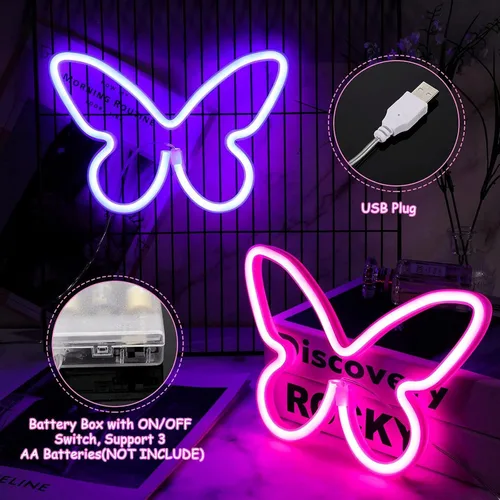 TTY Letreros LED de mariposa de neón, luz LED de noche, bonita decoración de pared de habitación, funciona con pilas o USB, arte decorativo, Púrpura
