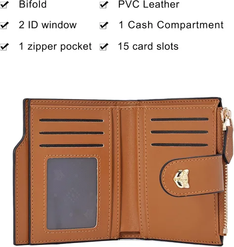 Miniatura 4 de FOXLOVER Cartera pequeña para mujer, con bloqueo RFID, de piel, plegable, con cremallera, bolsillo con cremallera, tarjetero con ventana