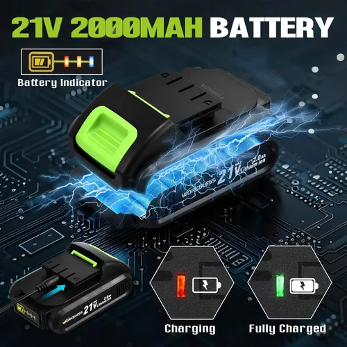 Miniatura 6 de WORKBLESS Juego de Taladro Eléctrico de 21V, Taladro Inalámbrico con Batería y Cargador, Portabrocas sin Llave de 3/8'', Velocidad Variable