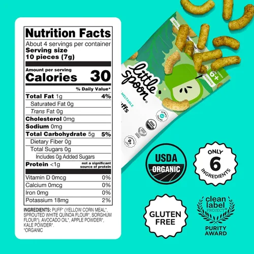 Miniatura 2 de Little Spoon Puffs de Kale y Manzana Fundibles para Bebés Orgánicos, Quinoa de Maíz Orgánico y Sorghum, Sin Arroz, Sin Azúcar Añadida, Fomenta