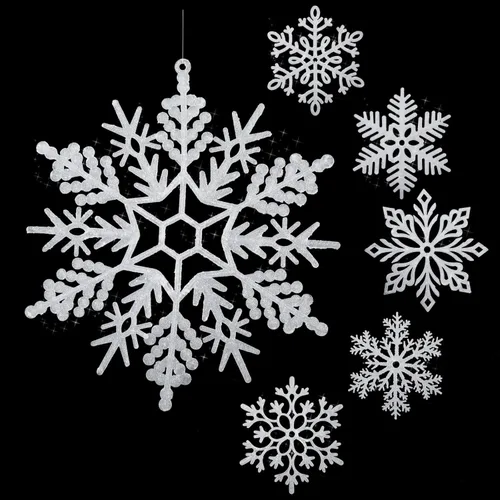 Miniatura 24 de Sratte Paquete de 24 adornos de copos de nieve grandes con purpurina de 12 pulgadas, decoración gigante de plástico para colgar en invierno, Plata