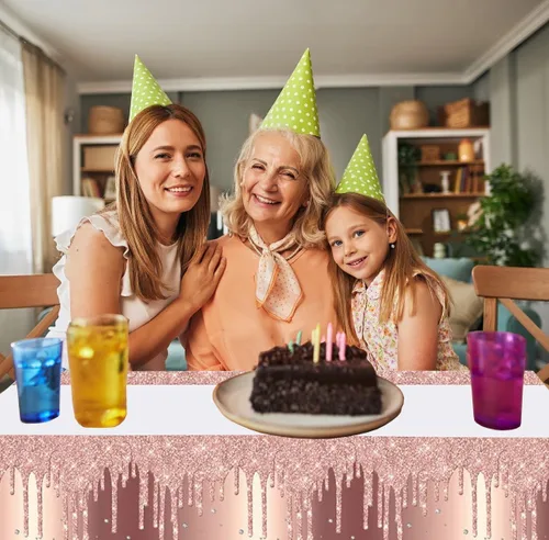 Miniatura 6 de 3 manteles desechables de polietileno de 71 x 42 pulgadas con diamantes, color oro rosa, para cumpleaños, bodas, baby shower, aniversario, fiesta